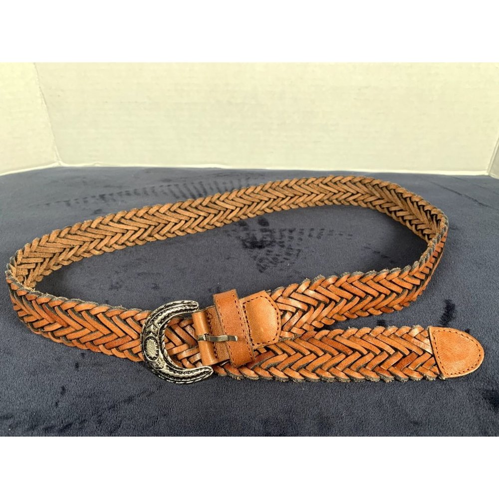 Vintage Womens Braided Belt Leather Brown Medium Solid‎ Silver Tone Buckle Nice - Picture 9 of 16